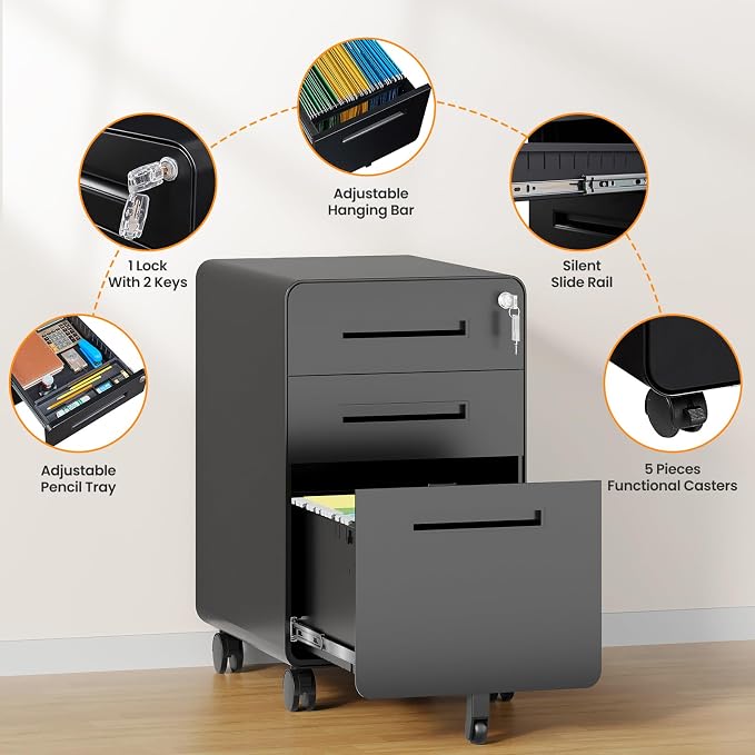 3 Drawer File Cabinet, Fully Assembled Mobile File Cabinets with Lock for Home Office, Metal Rolling Filing Caninet on Wheels, Three Drawer Under Desk Cabnet for Letter/Legal / A4 - Black