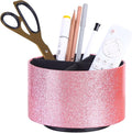 Remote Holder, PU Leather 360 Degree Rotating Desktop Organizer with 4 Compartments, Makeup Brush Holder Organizer for Vanity Desk, Bling Pink PH102