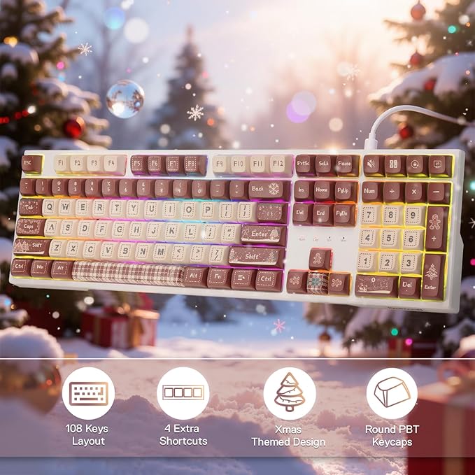 Redragon K668 Xmas Wired Gasket RGB Gaming Keyboard, 108 Keys Mechanical Keyboard w/Extra 4 Hotkeys, Upgraded Hot-swappable Socket, Sound Absorbing Foam, Christmas Gingerbread Man Themed Cute Keycaps