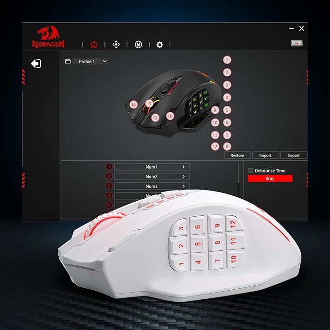 Redragon M913 MAX Wireless Gaming Mouse, 26000 DPI MMO Optical Mouse with 16 Programmable Buttons, BT & 2.4G Wireless, Software Supports DIY Keybinds, White