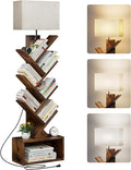 Evermagin 6 Tier Tree Bookshelf with Light, Narrow Bookcase Tower, Tall Floor Standing Book Organizer with Storage Cabinet for Living Room, Bedroom and Home Office, Rustic Brown