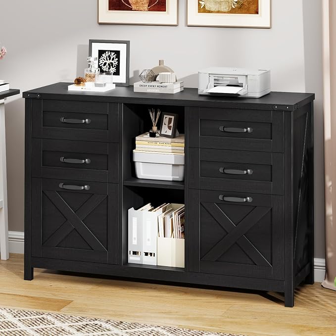 Lateral File Cabinet with 6 Drawers, Farmhouse Filing Cabinet for Letter/A4 Size, Wood File Storage Cabinets Printer Stand with Open Storage Adjustable Shelf for Home Office Cabinets, Rustic Black
