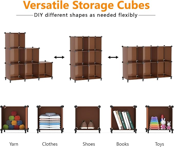 AWTATOS Cube Storage Organizer, Storage Cubes Shelves Bookshelf, 6 Cube Closet Organizers and Storage, DIY Stackable Plastic Clothes Organizer Shelving for Bedroom, Home, Cocoa Brown
