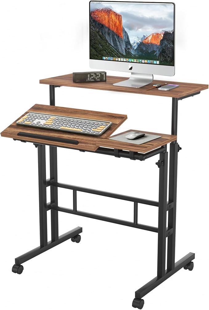 VECELO Mobile Small Standing Desk Adjustable Height, Computer Workstations with Tiltable Tabletop, Lockable Wheels, Portable Rolling Laptop Desk for Home Office, Brown