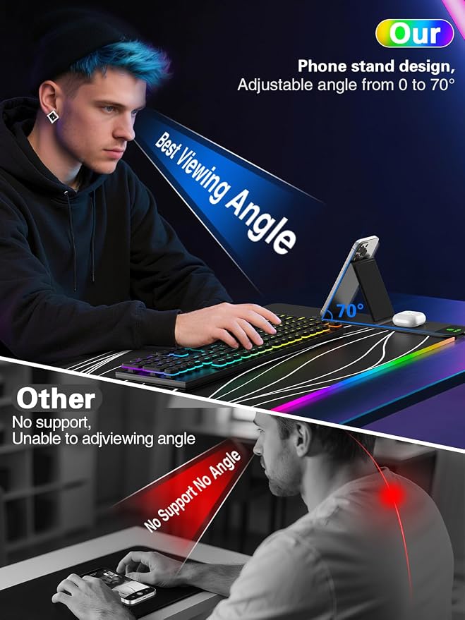 Mouse Pad with Foldable Phone Holder & Wireless Charger, XXL RGB Gaming Mousepad 31.5"x15.8" Large Desk Mat for Keyboard, Black Desk Pad with Dual Qi Charging Station | 11 Colors 5 Modes | Waterproof