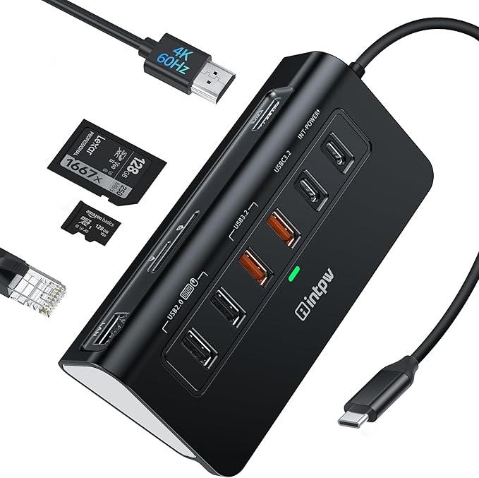 intpw P9R PRO USB C Hub Ethernet, 10Gbps USB C Docking Station 10-in-1 with 4K@60Hz HDMI, Type-C & 2 USB A 3.2 Data, LAN, 2 USB A 2.0, PD 100W, SD/TF Ports, Powered USB Hub for Laptop, iPhone 17, Mac