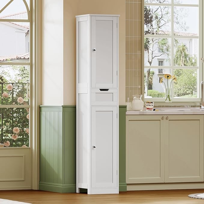 Iwell Tall Bathroom Cabinet, Slim Narrow Bathroom Storage Cabinet with Adjustable Shelves, Storage Cabinets with 1 Drawer, for Bathroom, Living Room, Entryway, Kitchen, White