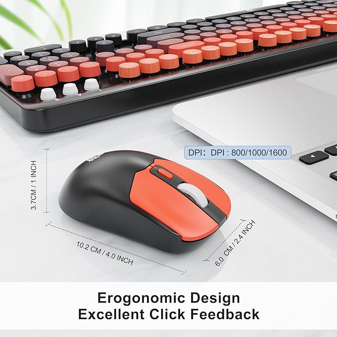 Orange Retro Wireless Keyboard and Mouse Combo, Round Key Typewriter Style Keyboard, 2.4Ghz Full Size Aesthetic Bubble Keyboard with Number Pad for PC Laptop Desktop