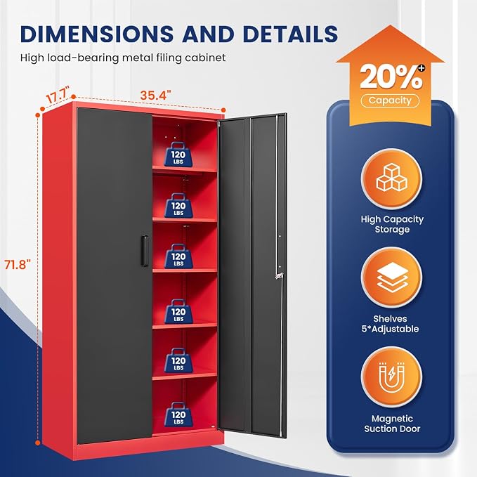 Yizosh Metal Storage Cabinet with Lock Doors and 5 Adjustable Shelves,- 72" Garage Storage Cabinet for Home,Office,Garage,School