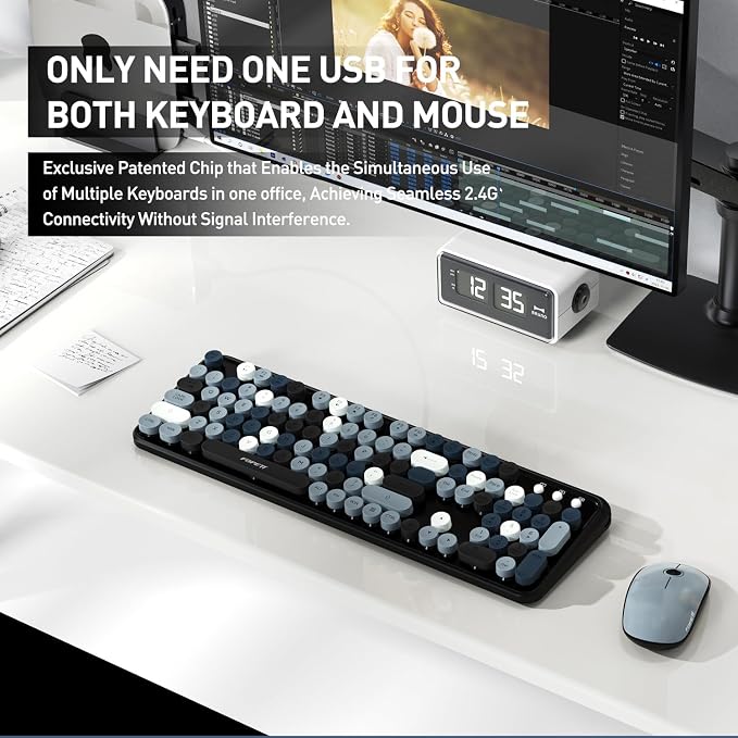 FOPETT Wireless Keyboard and Mouse Combo, 105 Keys Full-Sized 2.4 GHz Round Keycap Colorful Keyboards, USB Receiver Plug and Play, for Windows, Mac, PC, Laptop, Desktop (Grey Colorful)