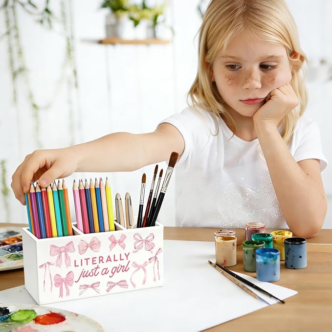 Pink Coquette Bow Pen Pencil Holder for Desk, Preppy Desk Decor, Preppy Aesthetic Literally Just a Girl Wooden Box Sign Decorations for Girls Bedroom Room Dorm Tabletop