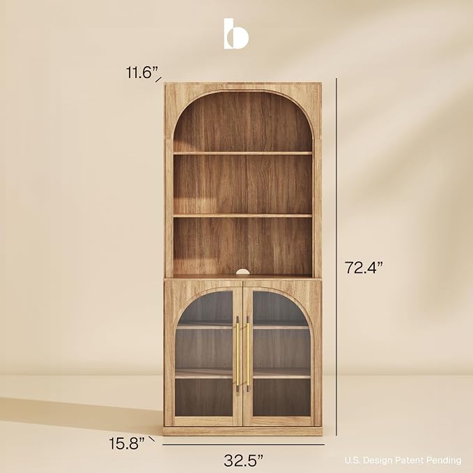 BELLEZE Set of 2 Pantry Storage Cabinet with Hutch, Modular Cabinet with Adjustable Shelves for Organizing, Visible Storage with Glass Door, Wood Highboard for Living Room and Home Office, Camel