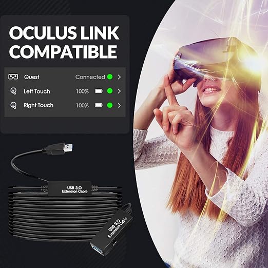 50FT USB 3.0 Extension Cable,Active Type A-Male to A-Female Extender Cord, 2 Signal Boosters,Compatible Oculus Quest 2/3 VR,Printer, Webcam,Xbox, PS4 and More,