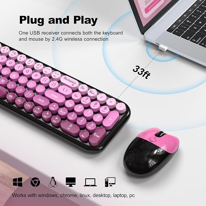 MOFII Wireless Keyboard and Mouse Combo, Compact Small Keyboard with Large Print, 2.4GHz Retro Typewriter Keyboard, Quiet Click Mouse for PC, Laptop, Desktop, Windows (Black Pink Gradient)