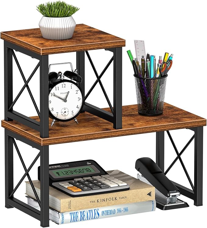 Honiter Desk Shelf Organizer, Desk Shelf for Top of Desk, 2 Tier Adjustable Small Bookshelf Organizer, Freestanding Stackable Desktop Stand, Kitchen Counter Display Rack, Rustic Brown