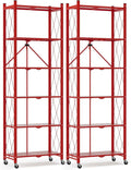 ALANNG 73.6 Inch Folding Bookshelf, 6 Tier Metal Bookcase and Bookshelves, Tall Shelves for Living Room Office Bedroom, Heavy Duty Book Shelve Free Standing Open (Red, 2PACK)