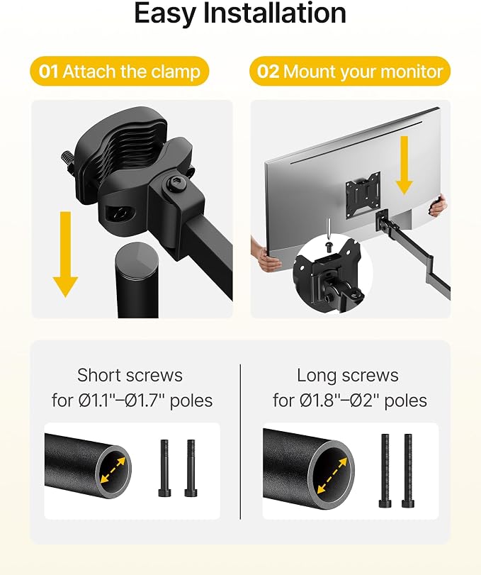 monTEK Universal Pole Monitor Arm 25 Inch Extra Long Reach - Single Desk Mount for 17-32 inch Screens, Steel Full Motion Mount, VESA 75/100mm, 636mm Extension