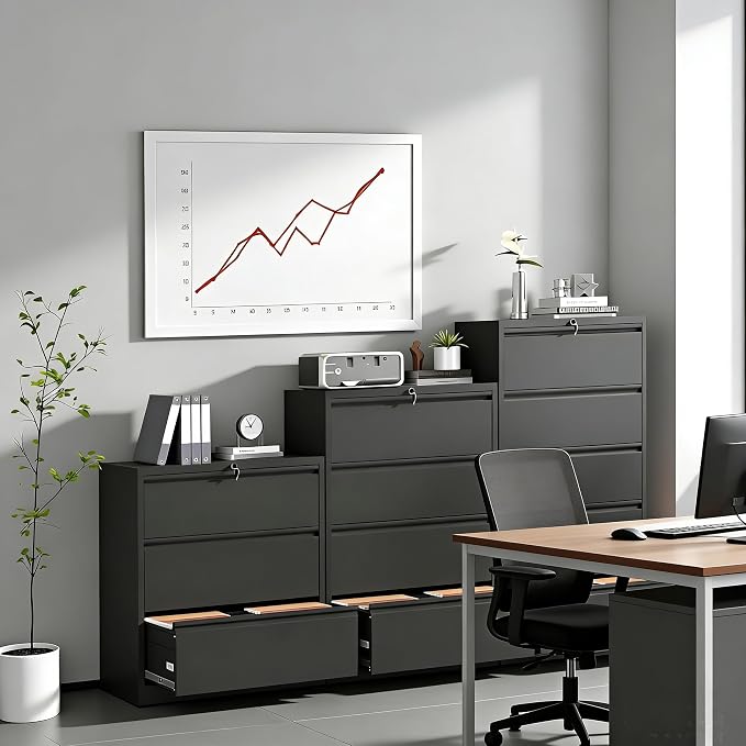 4 Drawer Lateral File Cabinet with Lock, Metal Lateral Filing Cabinet for Home Office, Steel Wide Horizontal Filing Cabinets for Letter/Legal/A4/F4 Hanging Files (Black)