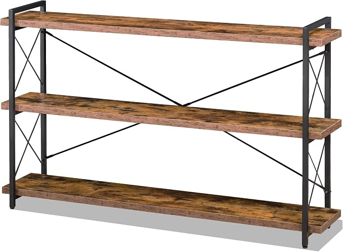 HCHQHS Bookshelf, 3-Tier Long Industrial Bookcase, Rustic Open Book Shelf, Freestanding Horizontal Bookshelves with Metal Frame