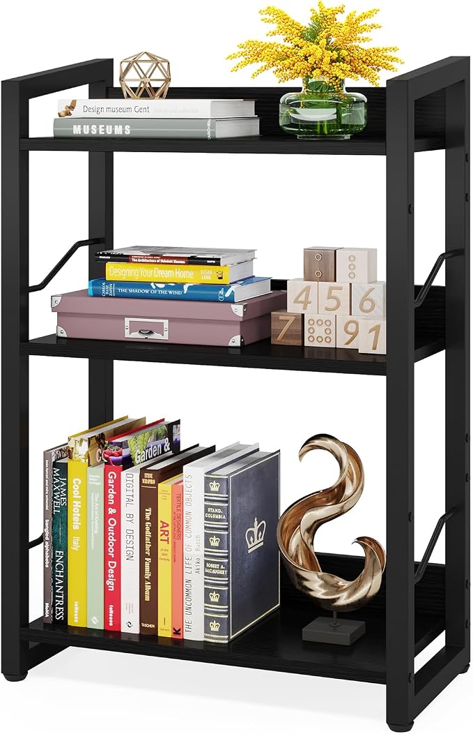 Hosfais Book Shelf Small Bookshelf - 3-Tier Wood Bookcase Industrial Bookshelf Metal Narrow Bookcase Storage Organizer Display Rack for Bedroom Living Room Home Office (Black)