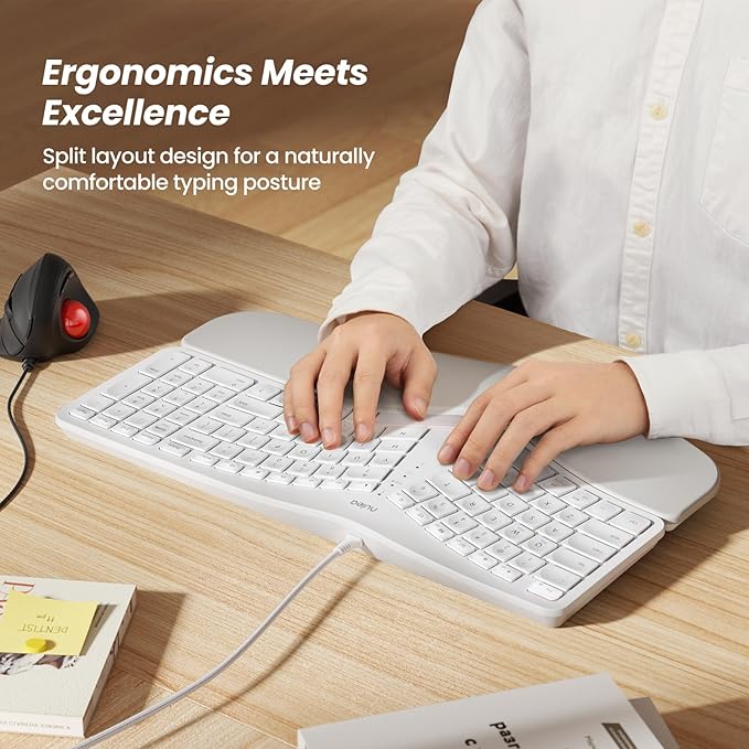 Nulea RT05C Wired Ergonomic Keyboard, Split Keyboard with Cushioned Wrist Rest, Adjustable Tilt Legs, Plug and Play, USB Corded, Compatible with Windows/Mac-White