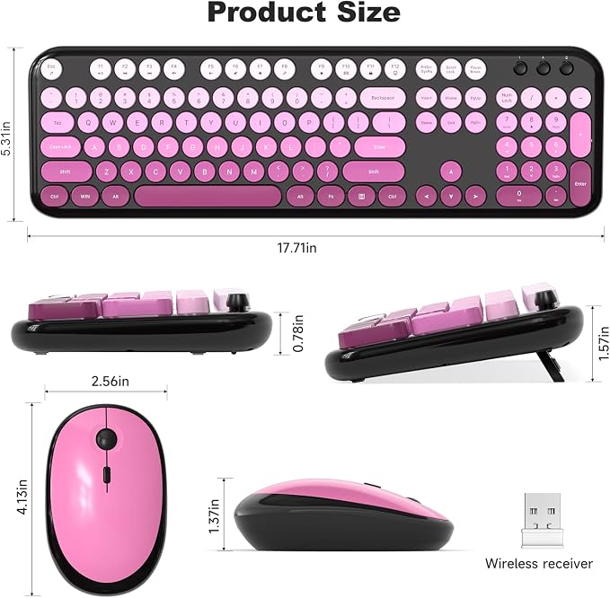 MOFII Wireless Keyboard and Mouse Combo, Full Size 2.4G Retro Round Computer Keyboard and Mouse Set, Plug and Play, for Windows, Computer, Desktop, PC, Notebook - (Black Pink Gradient)