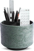 lizimandu Round Leather Art Supply Organizer,Remote Control Holder,360 Degree Spinning,Multi-Functional Pencil Holder,4 Compartments Desktop Stationary Organizer(1-Carved Cooper Green)