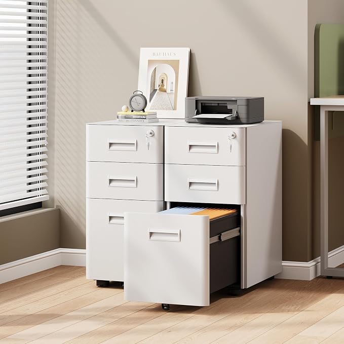 DEVAISE 3-Drawer File Cabinet, White Locking File Cabinet on Wheels, Fully Assembled Mobile Filing Cabinet for Office, 17.7" D x 11.8" W x 22.8" H