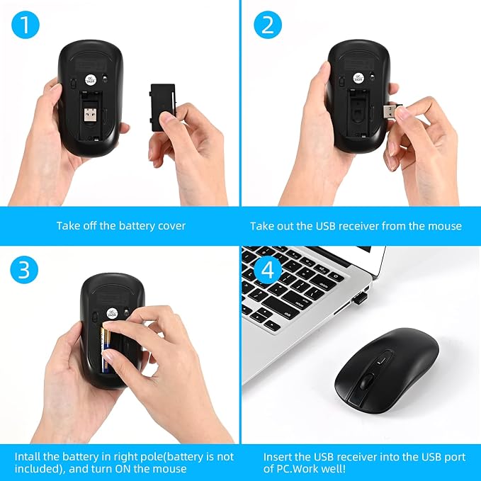 cimetech Wireless Computer Mouse, 2.4G Slim Cordless Mice Less Noise for Laptop Ergonomic Optical with Nano Receiver USB Mouse for Laptop, Deskbtop, Mac (BAT Black)