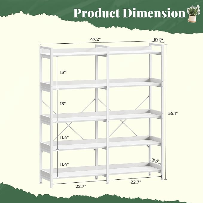 Huuger 5 Tier Bookshelf, Display Bookshelf with 10 Open Shelves and Raised Baffle, 47.2 Inch Straight Wide Bookcase with Metal Frame and Wooden Board, Adjustable Feet, White