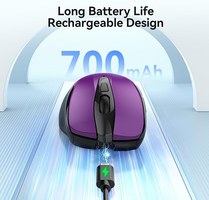 TECKNET Rechargeable Jiggler Wireless Mouse (BT5.0/3.0 & 2.4G) 4800 DPI Silent USB A & Bluetooth Mouse 6 Buttons, Wide Compatibility - Purple