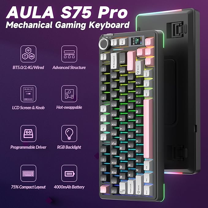 AULA S75 PRO Wireless Mechanical Keyboard with Screen&Knob, 75% Hot Swappable Gaming Keyboard with Pre-lubed Switches, RGB Backlit, PBT Keycaps Creamy Sounding Pc Gaming Keyboards
