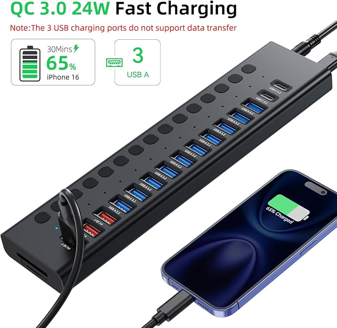 Powered USB Hub 10Gbps, 17 Ports 96W USB 3.2 Hub(10 USB-A 3.2 Ports+3 QC 24W Fast Charging Ports+2 USB-C 3.2 Ports+SD/TF Card Reader), 12V/8A Power Adapter for Laptop, PC, Computer, HDD,Flash Drive