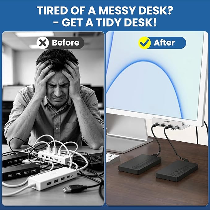 EJAY Desk Clamp USB Hub, 10Gbps Mountable USB C Hub Multiport Adapter, Aluminum Desktop Hub Desk Mount for iMac, Mac, PC, Under Desk USB Port Expander Splitter for Workstation, Silver