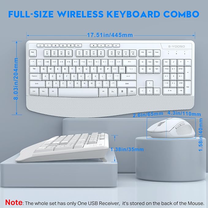 Wireless Keyboard and Mouse Combo, E-YOOSO 2.4GHz Full Sized Ergonomic Wireless Keyboard with Wrist Rest, 3 DPI Adjustable and 6 Buttons Cordless USB Mouse for Computer, Laptop, PC, Windows (White)
