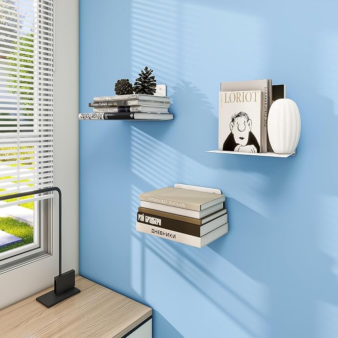FENTEC Floating Book Shelves for Wall, Wall Mounted Invisible Floating Bookshelf, Heavy-Duty Hanging Bookshelves, Hidden Book Shelf Metal Wall Book Holder for Bedroom Home Office, 6-Pack White