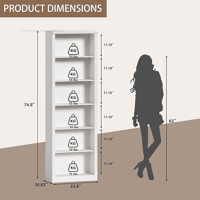 Thacuok White Bookshelf, 75" Tall Bookcase, 6 Tier Adjustable Storage Shelves, Book Shelf with Anti-Tipping Device, Floor Standing Modern Display Rack for Living Room, Bedroom, Office