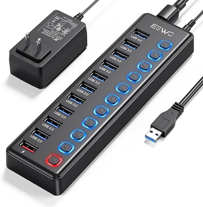 Powered USB Hub, JESWO 11 Port USB 3.0 Hub, 10 USB 3.0 Data Transfer Ports + 1 Smart Charging Port, USB Hub Powered with Individual LED On/Off Switches and 12V/3A Power Adapter