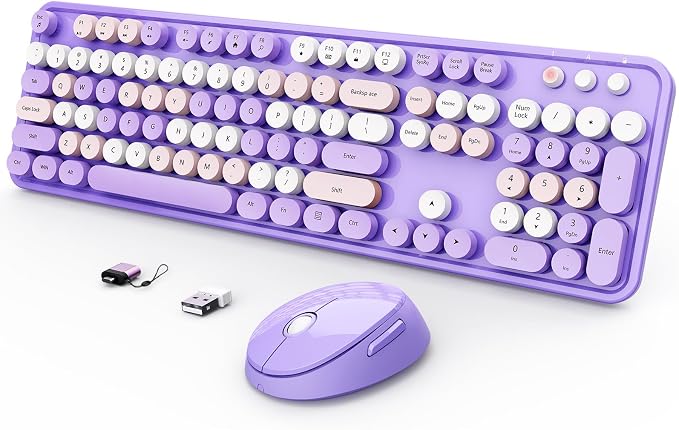 SkyGive Wireless Keyboard and Mouse Combo, Ergonomic Full Size Typewriter Retro Round Keycaps Keyboard, Compatible with Windows, PC, Perfer for Home and Office Keyboards (Purple