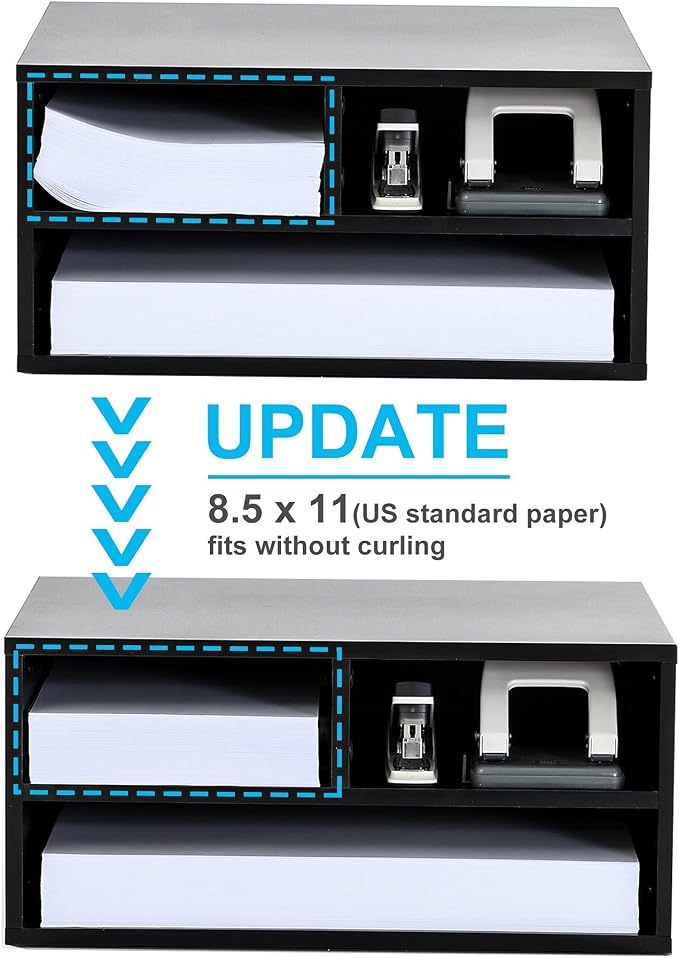 FITUEYES Large Printer Stands with 3 Storage Compartments, Desktop Paper Organizer Shelf for Home Office, 2-Tier Printer Riser, Black, 18.9" L x 15.7" W x 8.7" H