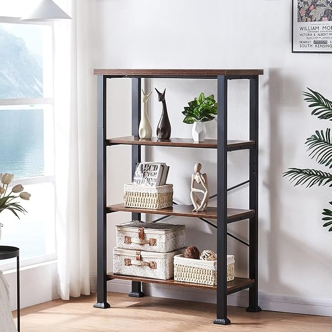 HOMBAZAAR 4 Tier Bookshelf,Rustic Brown Industrial Book Shelf,Engineered Wood and Metal Deep Bookcases,Low Shelf Bookcase for Living Room,Office,Bedroom and Kitchen