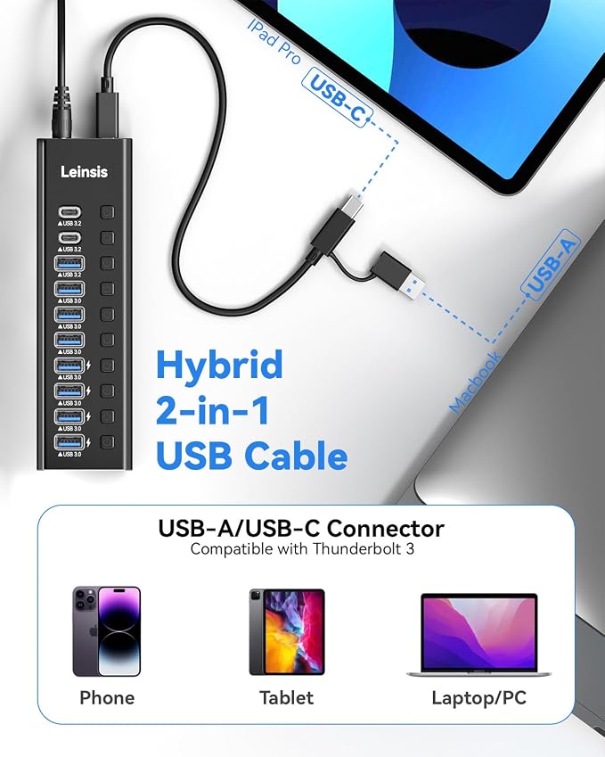 Powered USB Hub 3.2, LEINSIS 10-Port USB 3.2/USB C Hub (10Gbps USB-A 3.2 +2 USB-C 3.2 +7 USB 3.0 Ports) with Individual On/Off Switches and 12V Power Adapter, Aluminum USB Hub Powered for Laptop PC