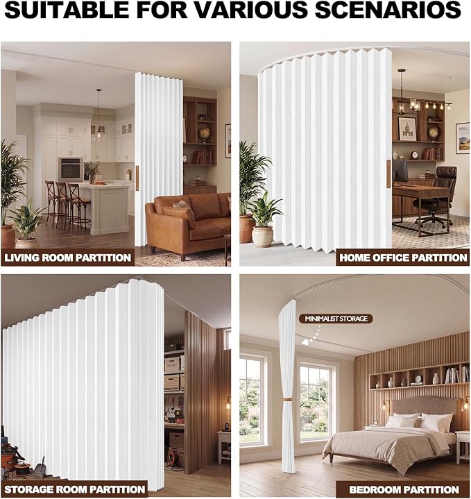 JILRON Hanging Accordion Room Divider with Track System - Ceiling-Mounted Partition Curtain, Simple Installation(White 180" W x 96" L-Pack of 1)