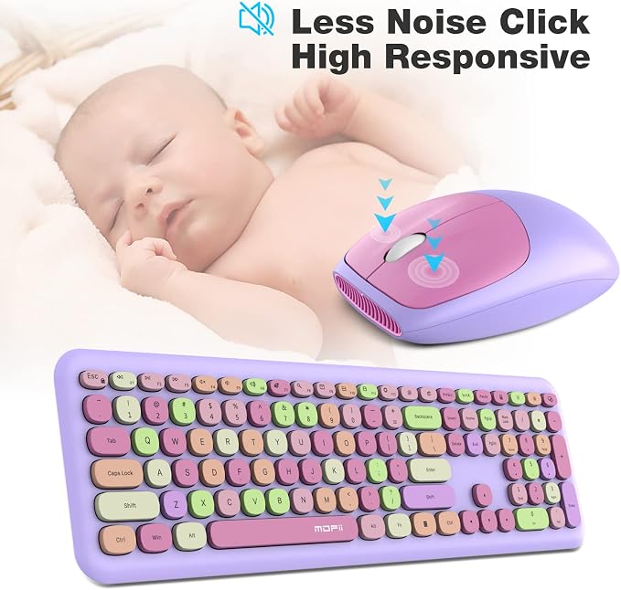 MOFII Wireless Keyboard and Mouse Combo, 2.4G Silent Cordless Slim Full Size Keyboard and Ergonomic Mice Set for Laptop, Desktop, MacBook, PC - Purple Colorful