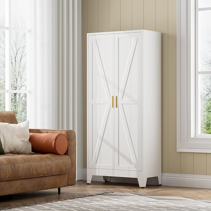 COFaR White Farmhouse Storage Kitchen Pantry Cabinet with 2 Barn Door, 3 Adjustable Shelves and Legs, for Cupboard/Dining Room/Bathroom/Living Room/Office/Laundry Room (White, 61" Farmhouse)