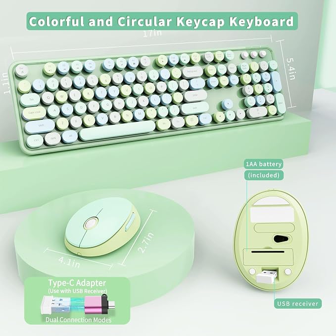 Wireless Keyboard and Mouse Combo, Ergonomic Full Size Typewriter Retro Round Keycaps Keyboard, Compatible with Windows, PC, Perfer for Home and Office Keyboards (Green