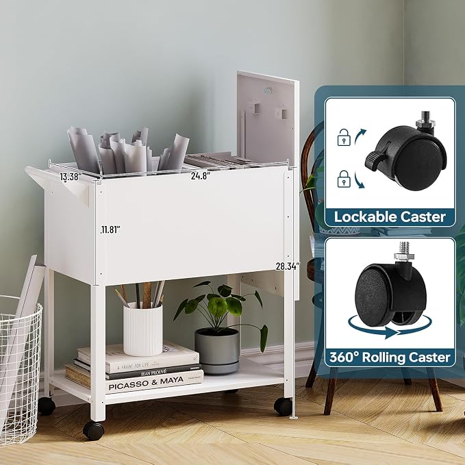 Mobile File Cart with Lock, Rolling File Cabinet Hanging Letter/Legal File Folders with Lockable Sliding Cover, White File Organizer on Wheels