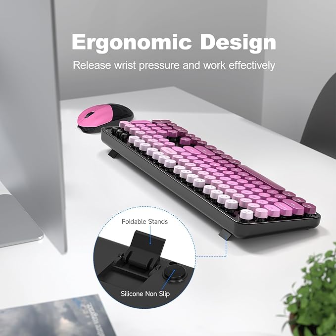 Wireless Keyboard and Mouse Combo, 2.4GHz Gradient Colorful Full-Size Retro Typewriter Keyboard with Wireless Mouse for PC/Desktop/Laptop/Windows (Black Pink)