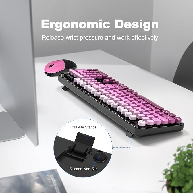 MOFII Wireless Computer Keyboard and Mouse Combo, Typewriter Full Size Keyboard with Number Pad and 2 in 1 USB Connected Mouse for PC Laptop Desktop Windows 7 8 11, Black & Pink