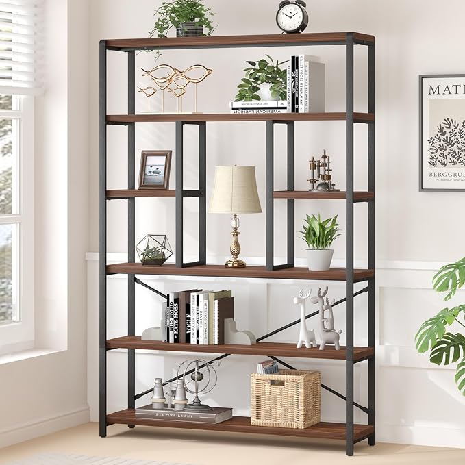 LVB 6 Tier Tall Bookshelf, Wood Metal Bookcases and Book Shelves 6 Shelf, Industrial Large Wide Etagere Book Shelf for Living Room, Vintage Rustic Big Open Bookcase Storage for Bedroom Office, Walnut